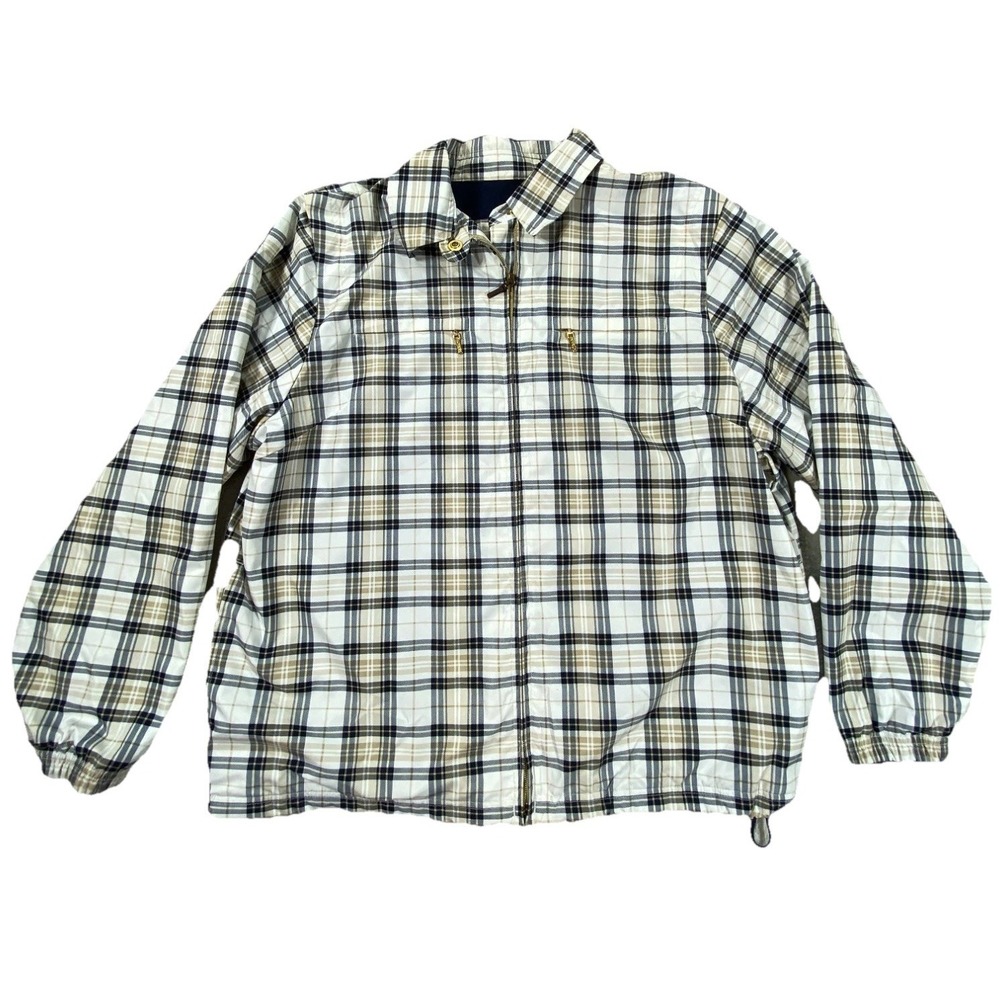 Vintage Catalina Windbreaker Jacket Women Large White Khaki Plaid Lined Full Zip